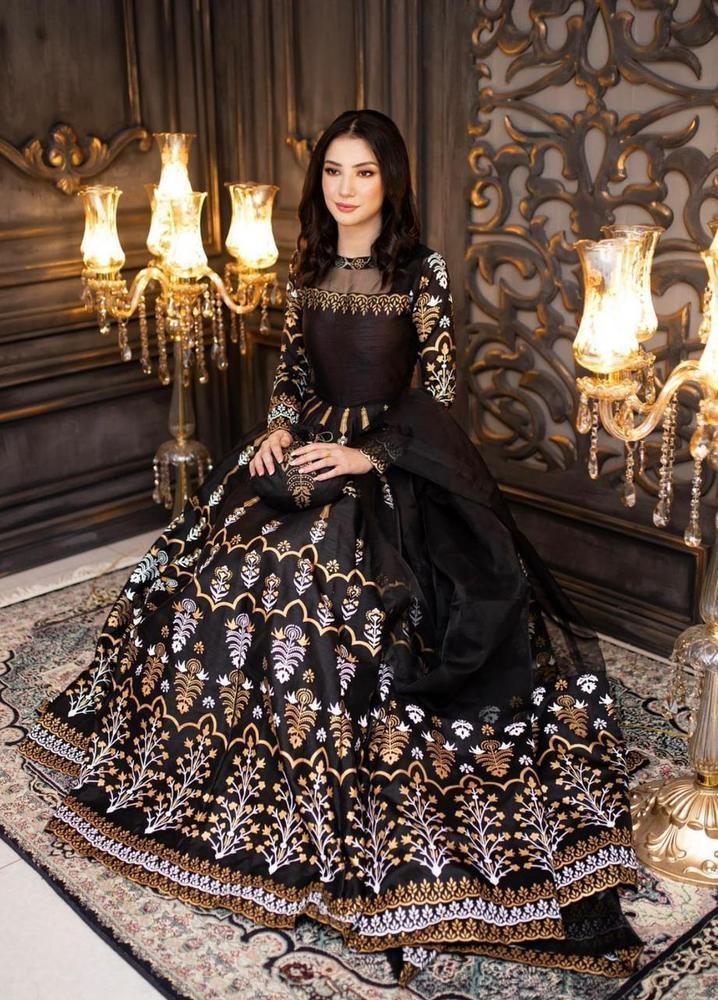 Eid Maxi Suit Black Gold Floral Katan Silk 3 Pcs