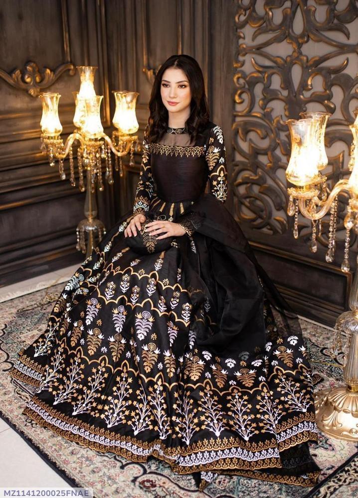 Eid Maxi Suit Black Gold Floral Katan Silk 3 Pcs