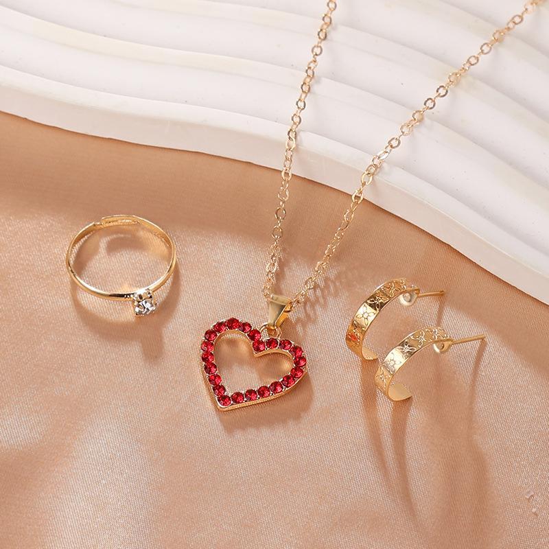 Red Stone Heart Jewelry Set Necklace Ring Earrings Set