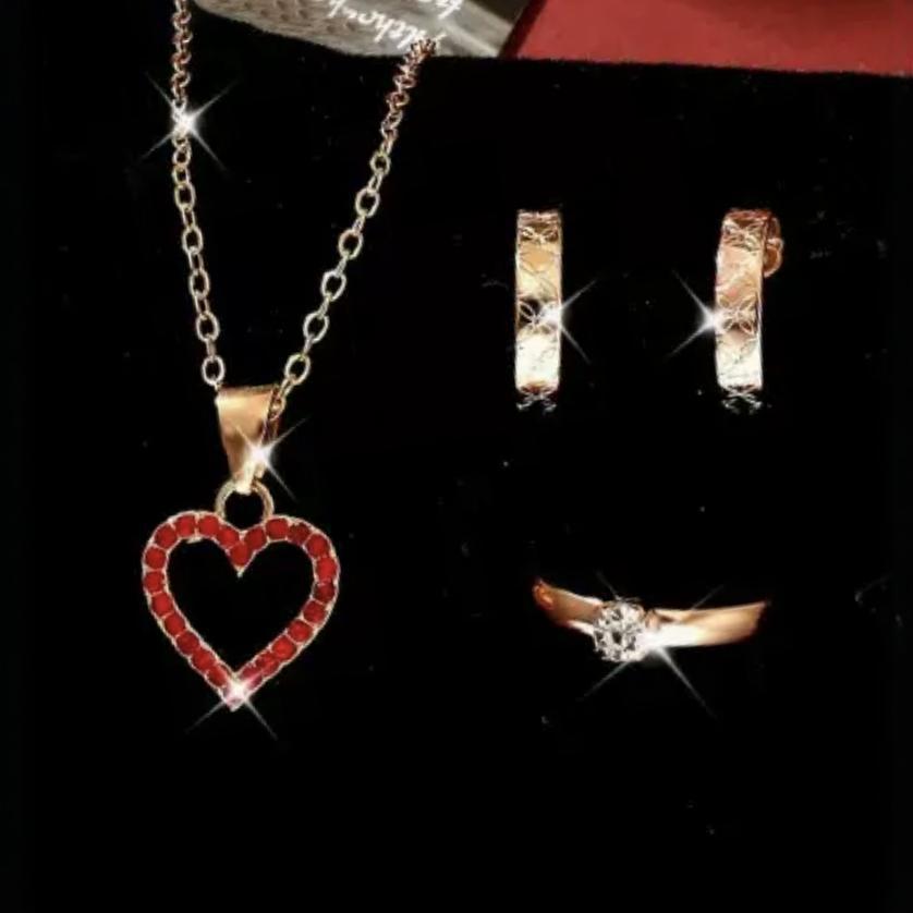 Red Stone Heart Jewelry Set Necklace Ring Earrings Set