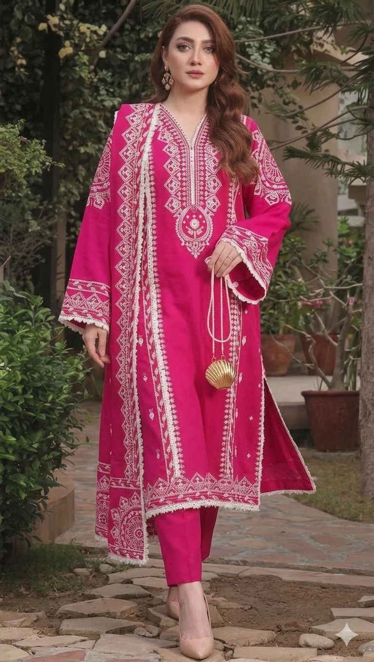 Pink Embroidered Lawn 3Pcs Set for Women