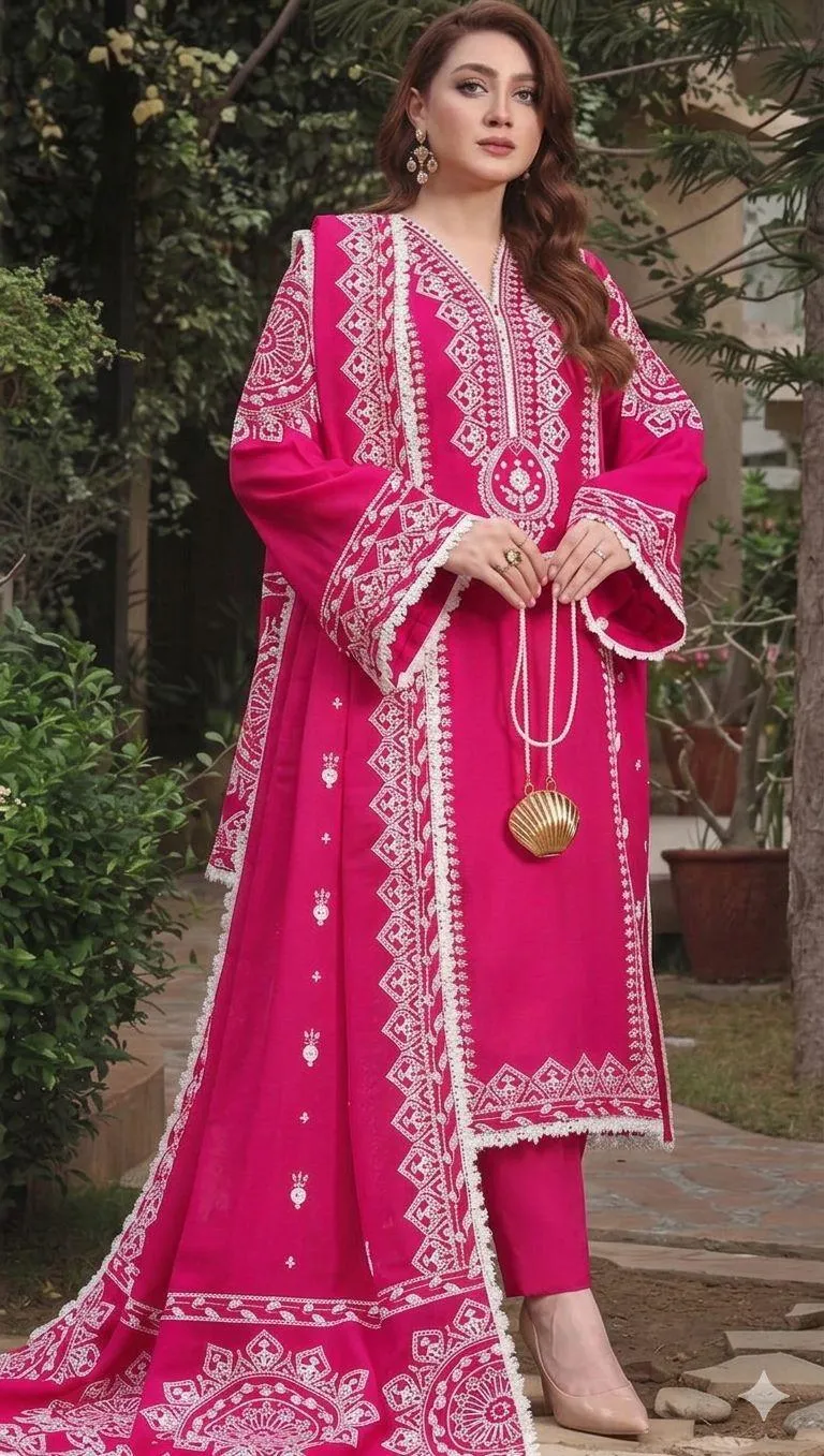 Pink Embroidered Lawn 3Pcs Set for Women