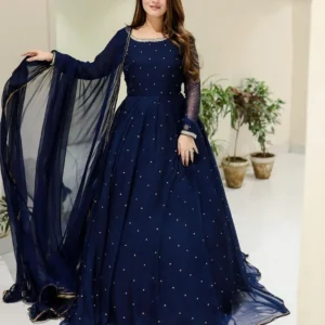 Blue Chiffon Pearls Maxi Suit 3PCs with Lace Dupatta
