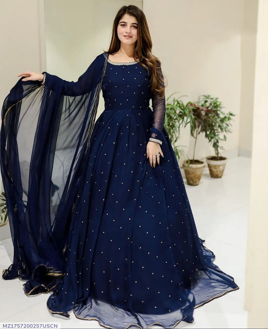 Blue Chiffon Pearls Maxi Suit 3PCs with Lace Dupatta