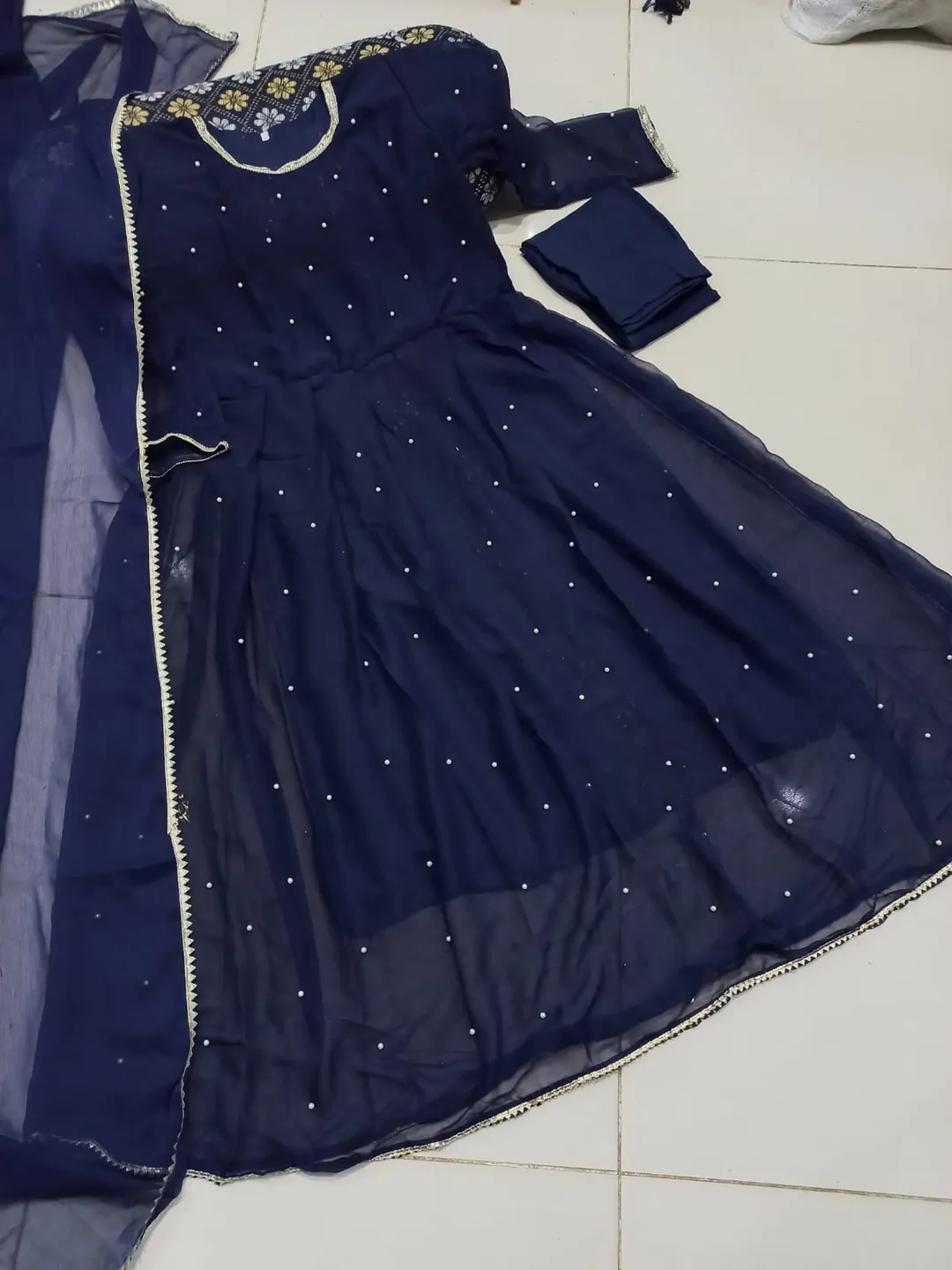 Blue Chiffon Pearls Maxi Suit 3PCs with Lace Dupatta