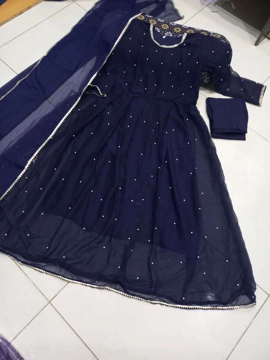Blue Chiffon Pearls Maxi Suit 3PCs with Lace Dupatta