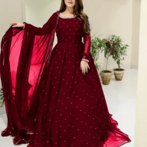 Maroon Chiffon Pearls Maxi Suit 3PCs with Lace Dupatta