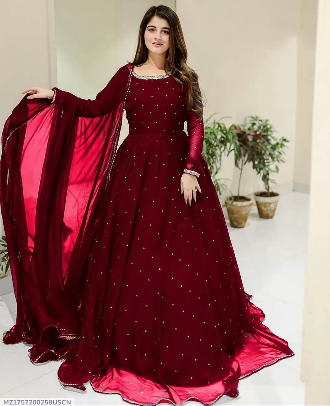Maroon Chiffon Pearls Maxi Suit 3PCs with Lace Dupatta