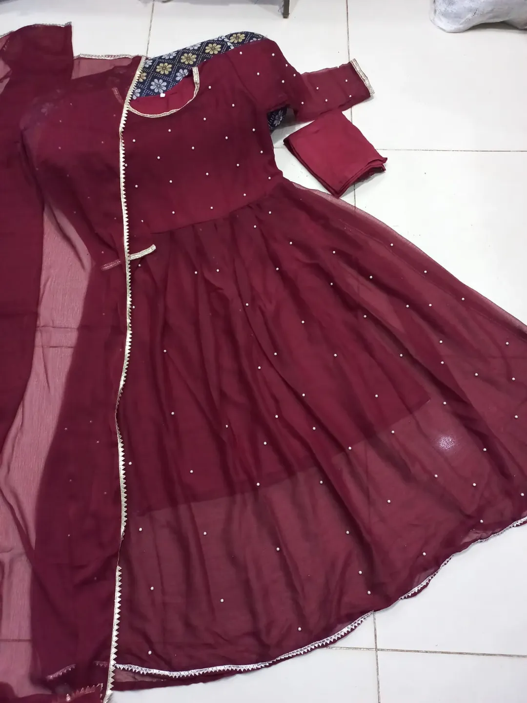Maroon Chiffon Pearls Maxi Suit 3PCs with Lace Dupatta