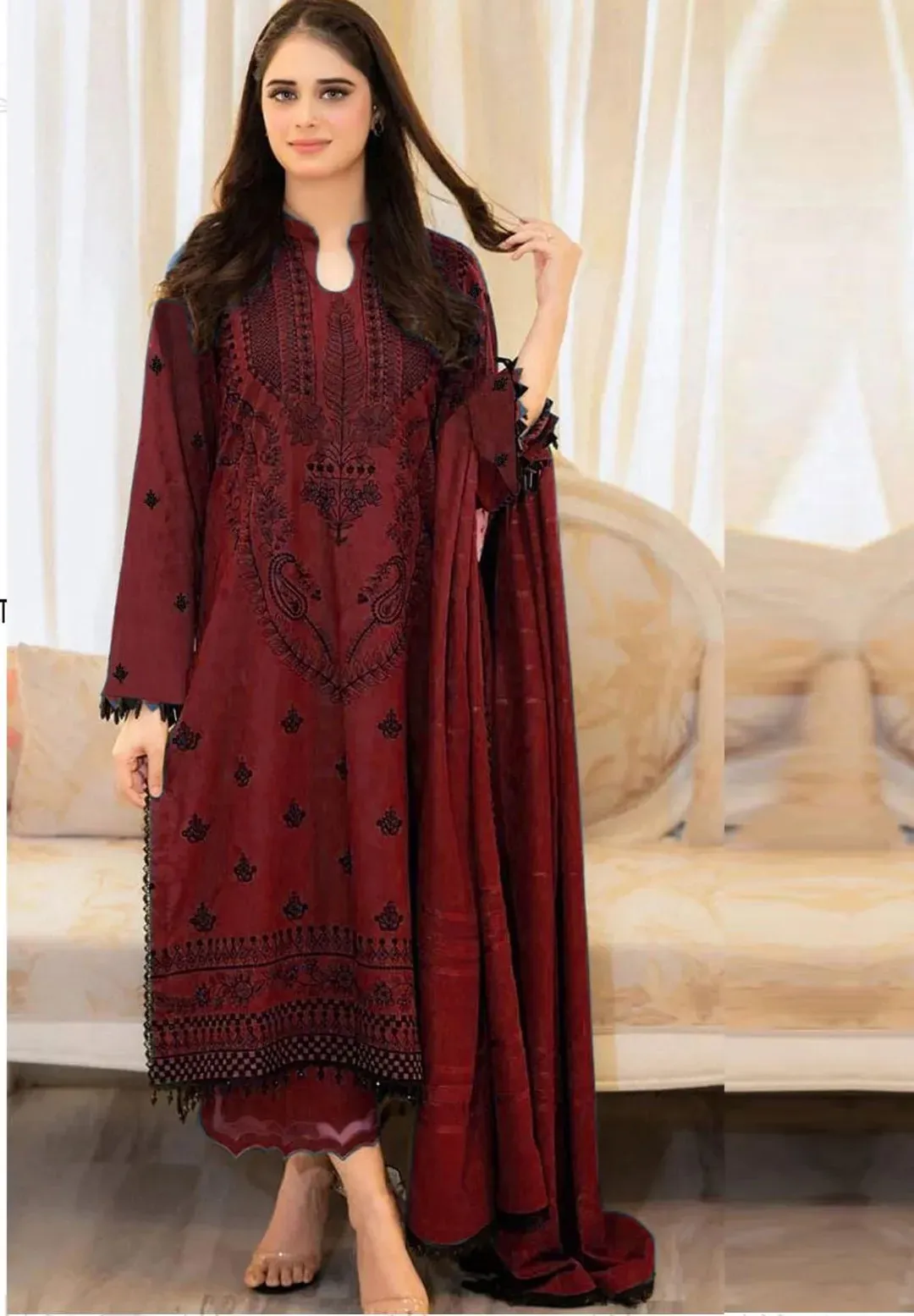 Maroon Embroidered Lawn 3Pcs Set for Women