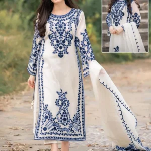 Elegant Blue Embroidered 3-Piece Suit for Women