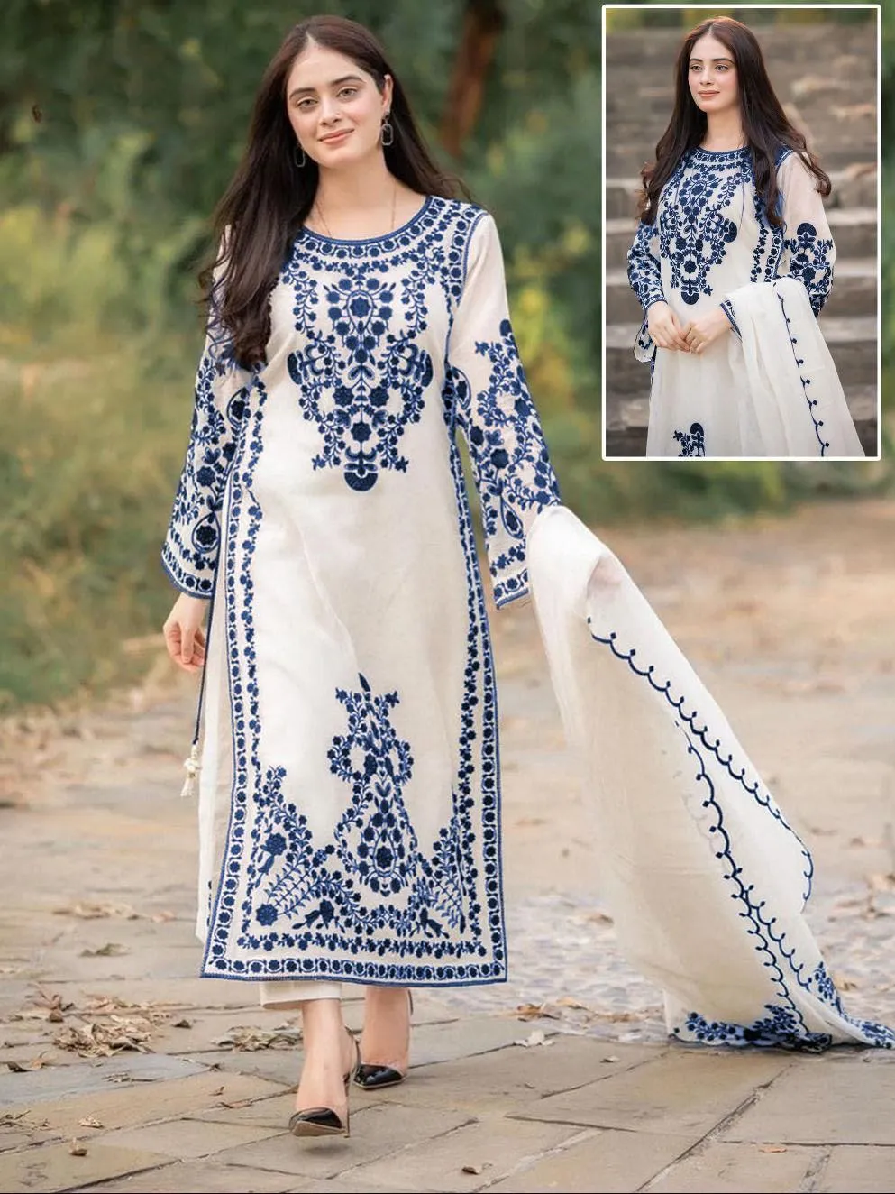 Elegant Blue Embroidered 3-Piece Suit for Women