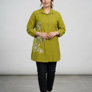 Green Embroidered Collared Lawn Shirt Medium