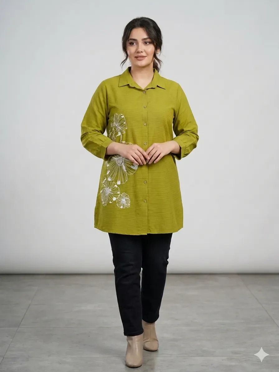 Green Embroidered Collared Lawn Shirt Medium