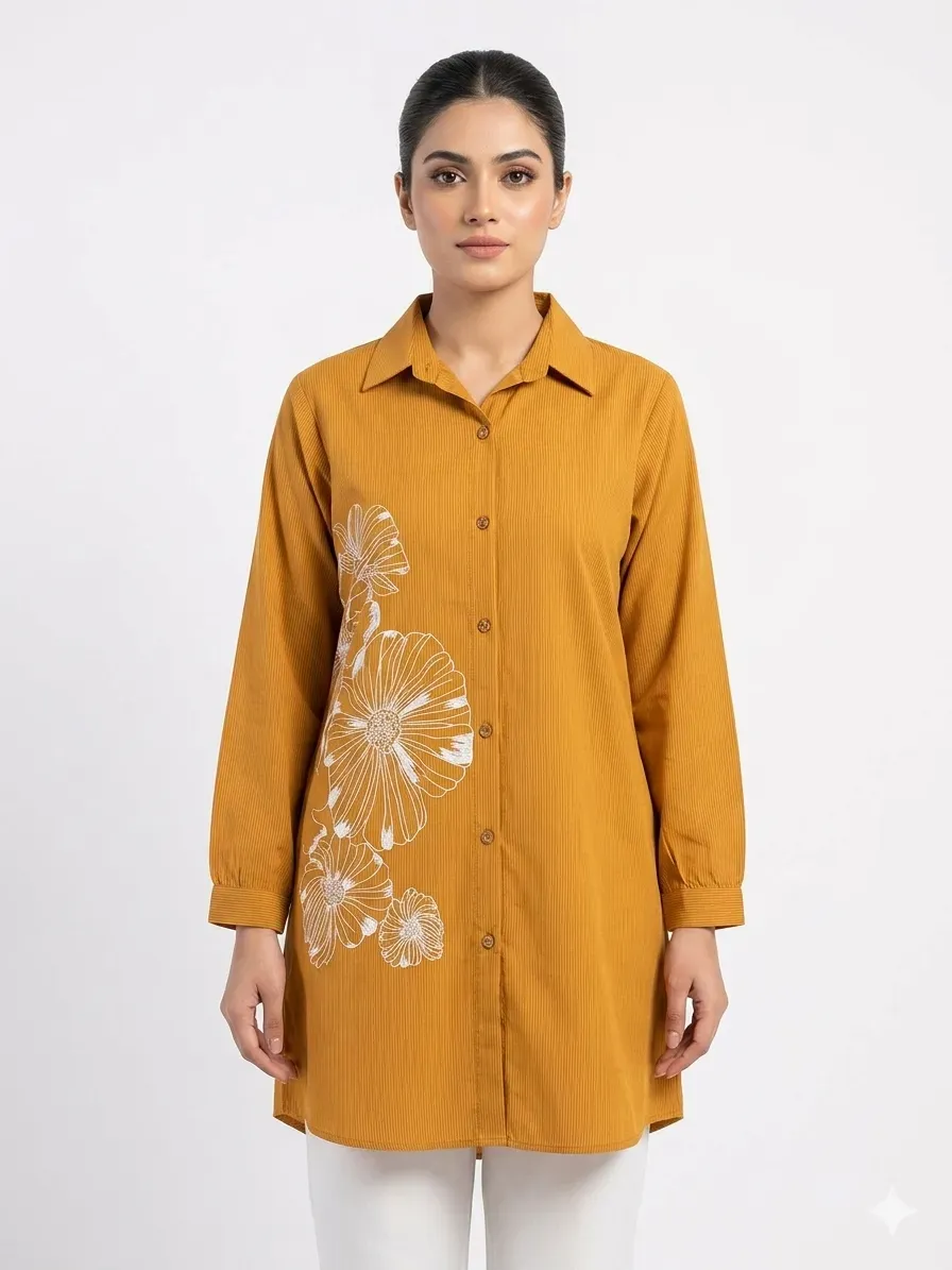 Mustard Embroidered Lawn Shirt Medium