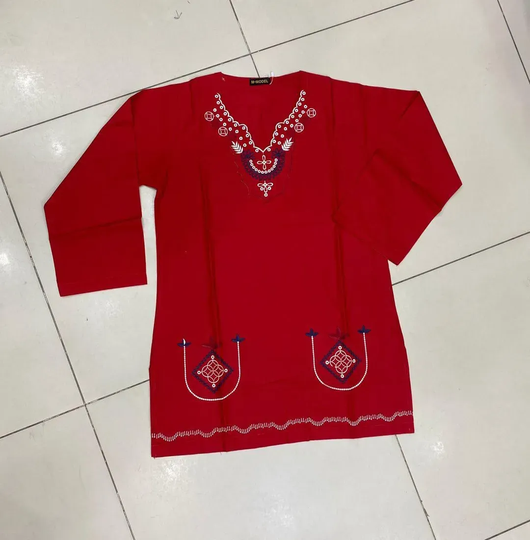 Red Embroidered Lawn Kurta for Women Medium