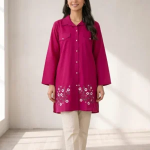 Pink Embroidered Lawn Kurta for Women Medium