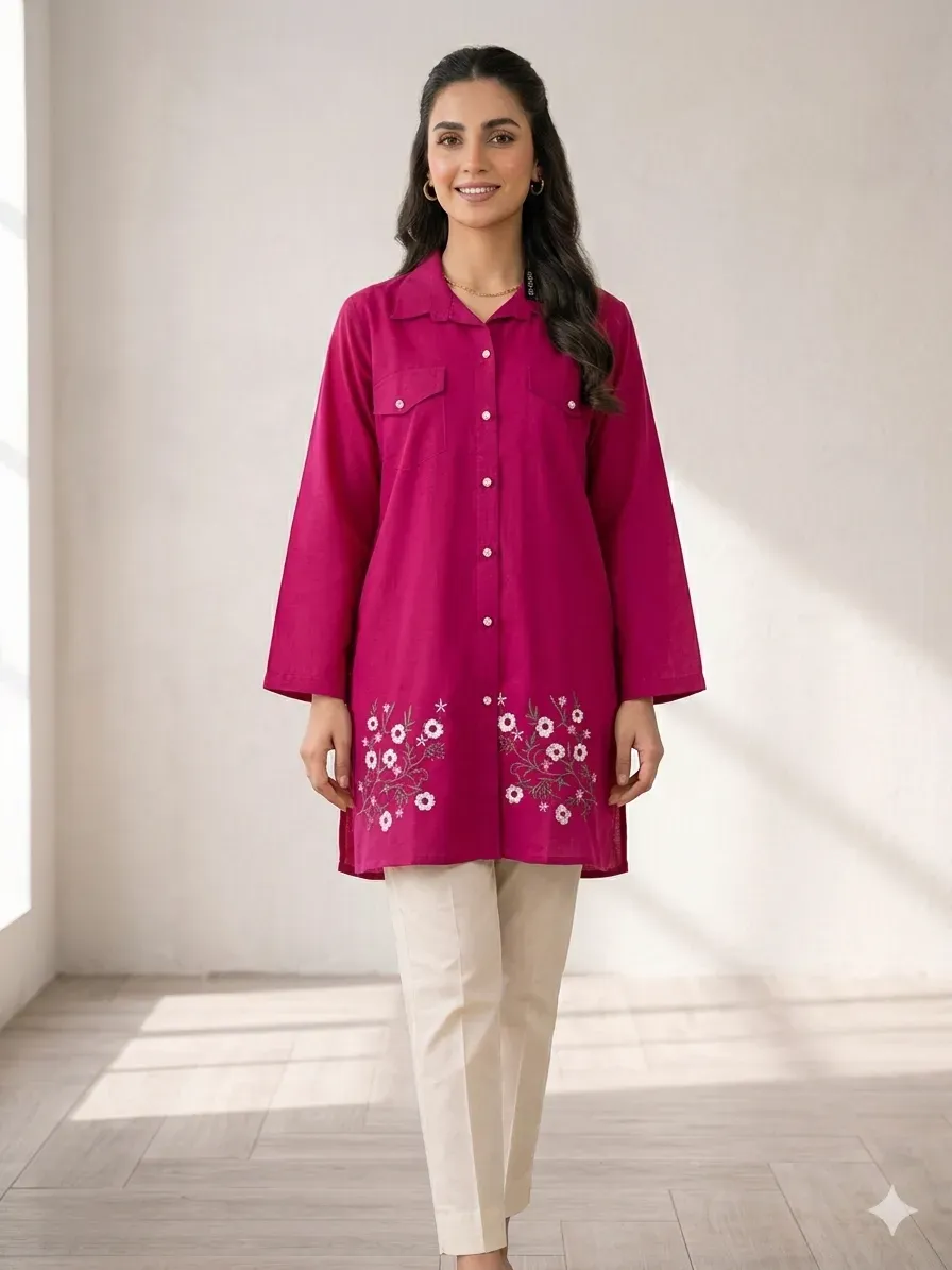 Pink Embroidered Lawn Kurta for Women Medium