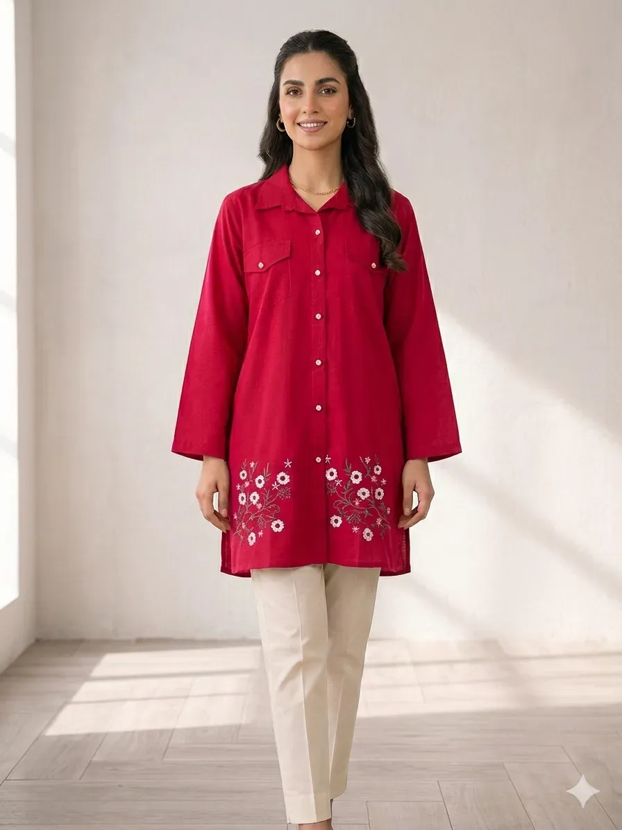 Red Embroidered Lawn Kurta for Women Medium