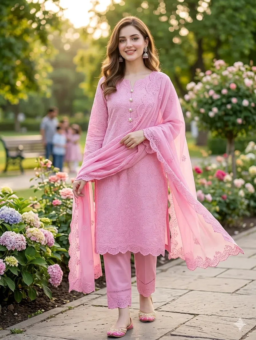 Pink Embroidered Kurta Set for Women