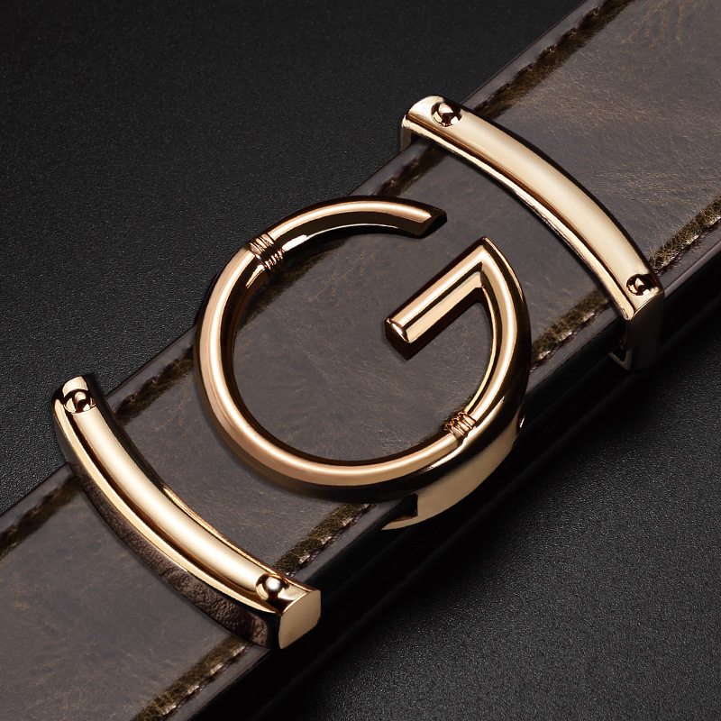 Men Leather Belt Curry Gold Buckle Casual