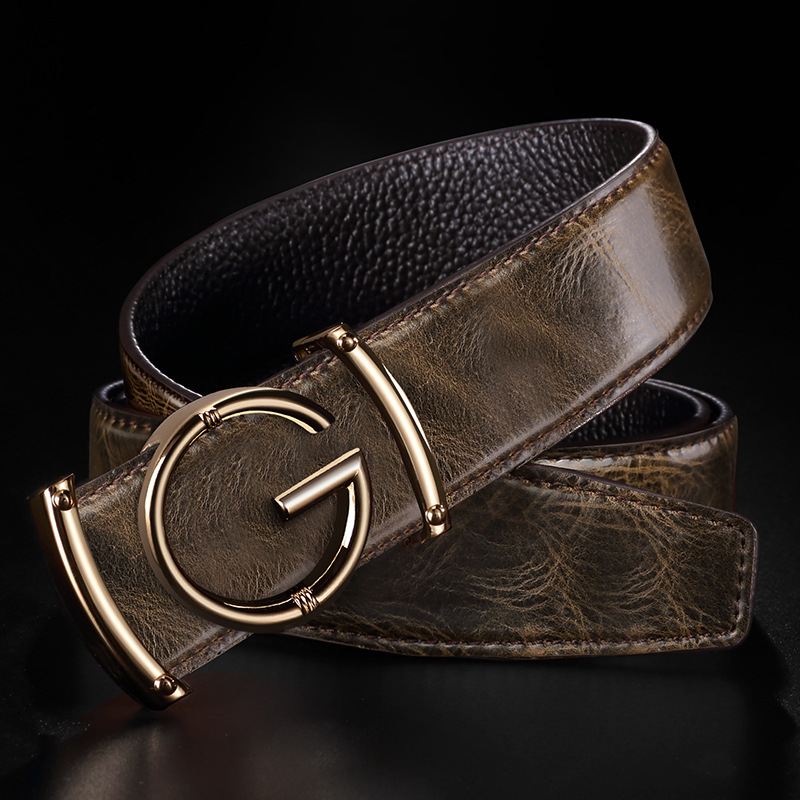 Men Leather Belt Curry Gold Buckle Casual