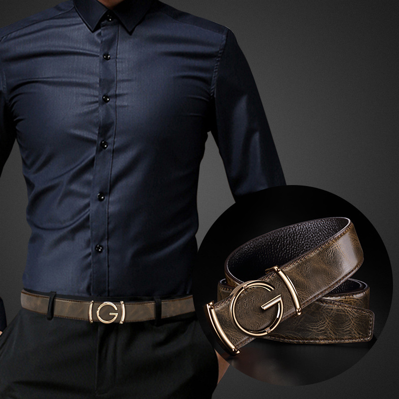Men Leather Belt Curry Gold Buckle Casual