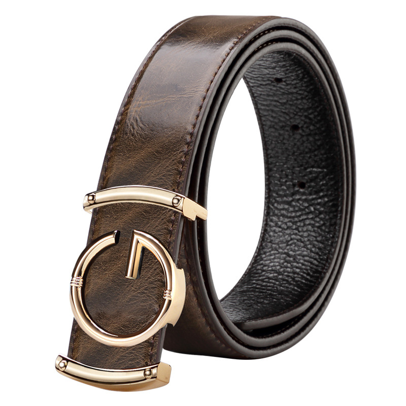 Men Leather Belt Curry Gold Buckle Casual