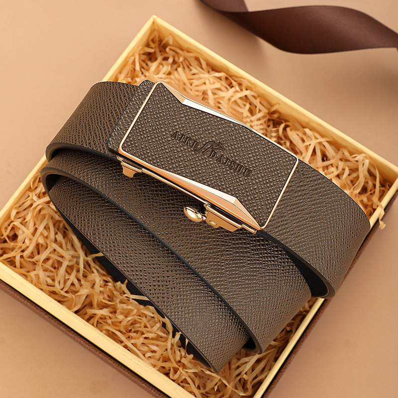 Men's Automatic Buckle Leather Belt Brown Gold Buckle