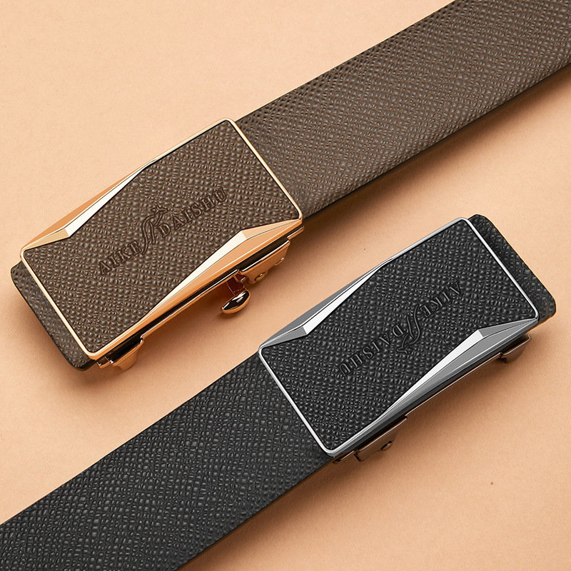 Men's Automatic Buckle Leather Belt Brown Gold Buckle