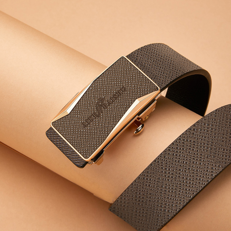 Men's Automatic Buckle Leather Belt Brown Gold Buckle