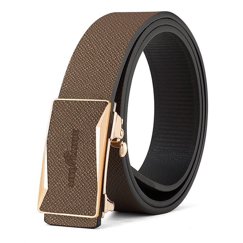 Men's Automatic Buckle Leather Belt Brown Gold Buckle