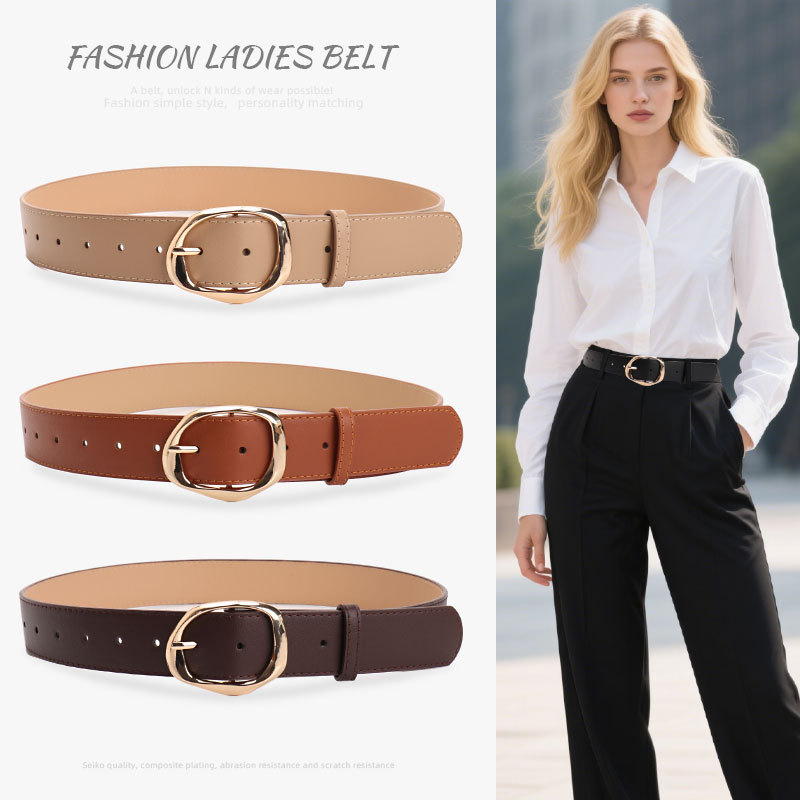 Women PU Wide Belt with Oval Buckle, Brown Tan Black