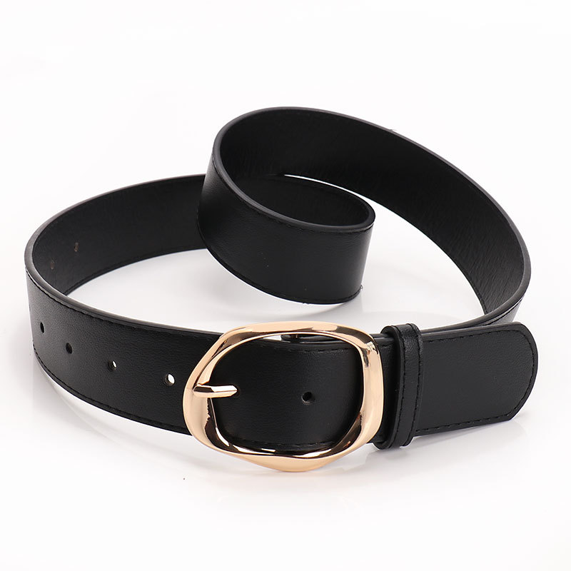 Women PU Wide Belt with Oval Buckle, Brown Tan Black