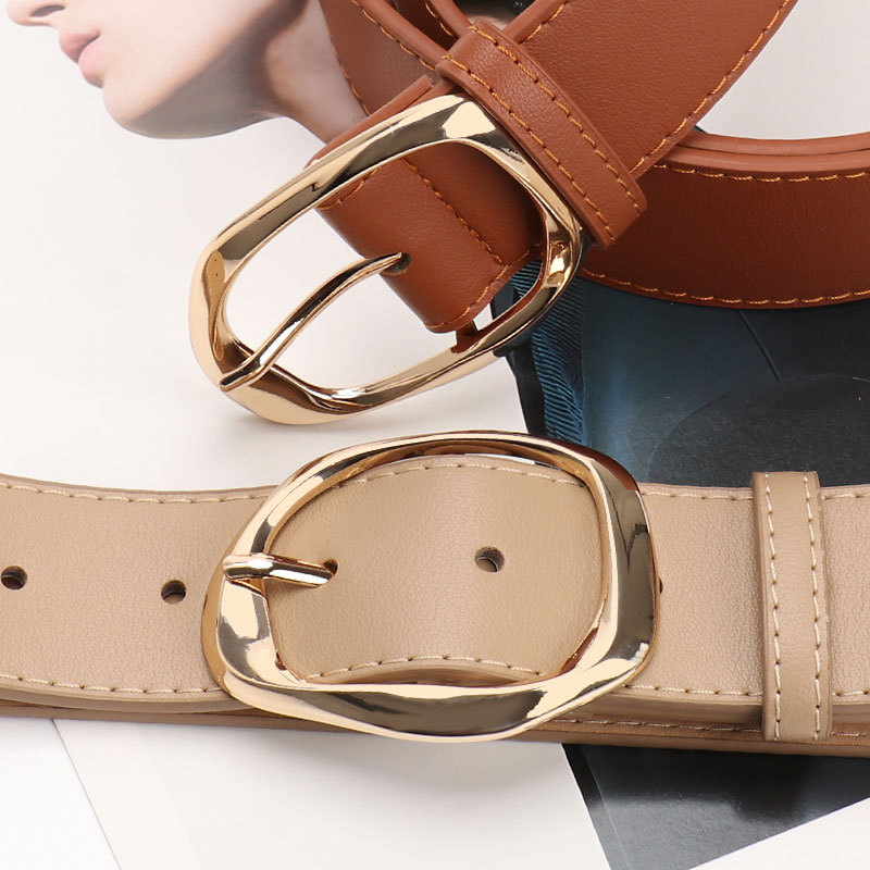 Women PU Wide Belt with Oval Buckle, Brown Tan Black