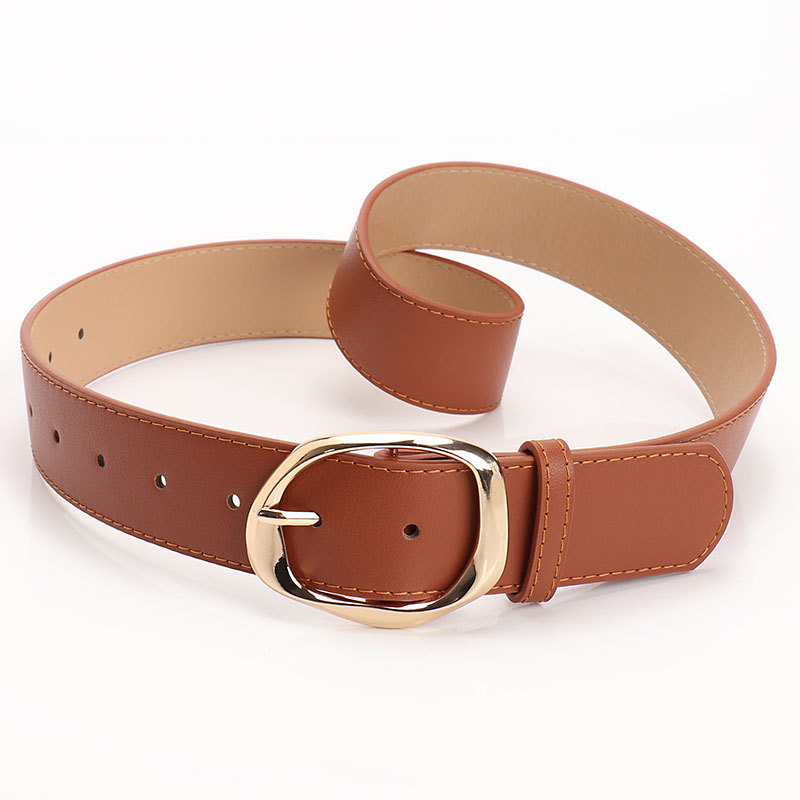 Women PU Wide Belt with Oval Buckle, Brown Tan Black