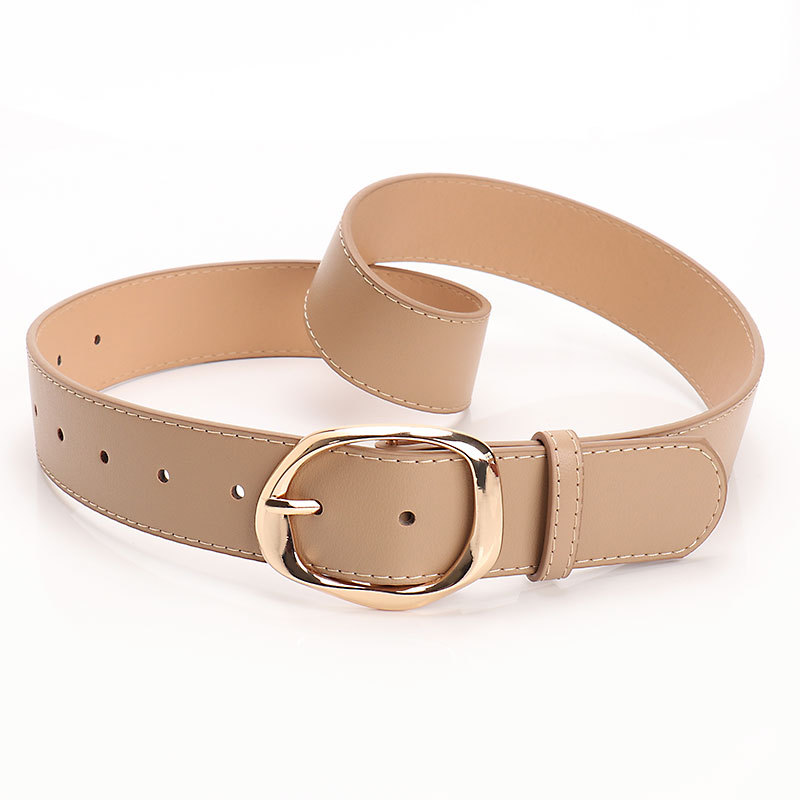 Women PU Wide Belt with Oval Buckle, Brown Tan Black