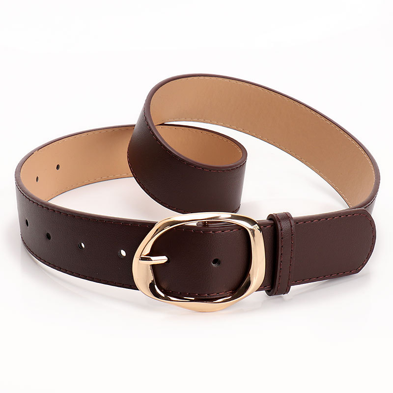 Women PU Wide Belt with Oval Buckle, Brown Tan Black