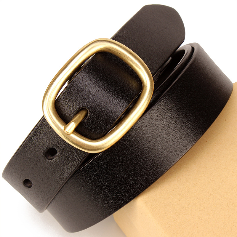Black Cowhide Wide Belt with Gold Pin Buckle