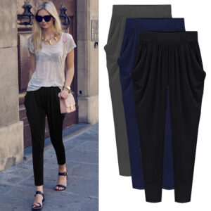 Women Plus Size Silk Cropped Pants Black Summer Casual