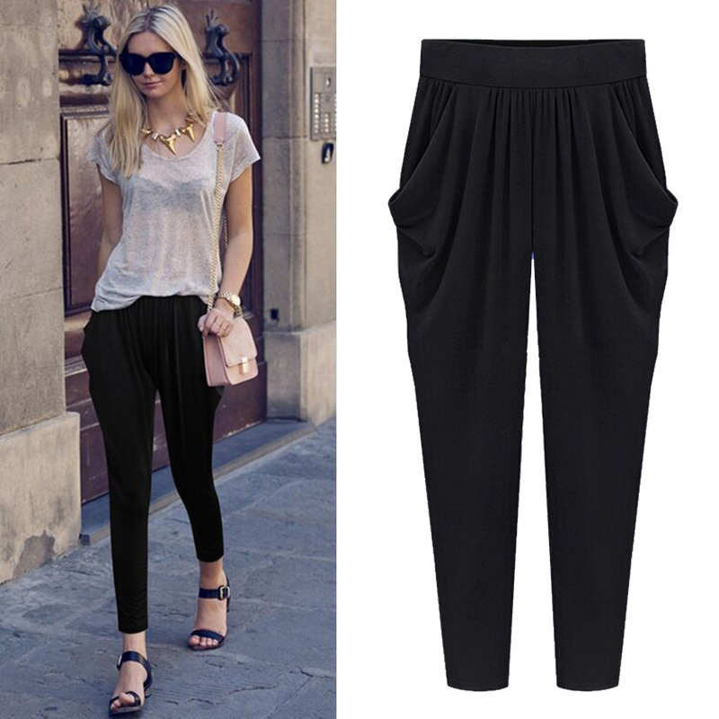 Women Plus Size Silk Cropped Pants Black Summer Casual
