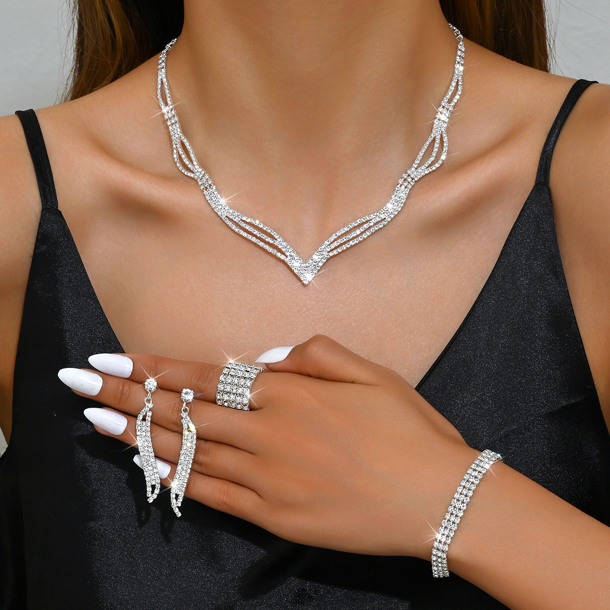 V-Neck Rhinestone Bridal Jewelry Set for Women