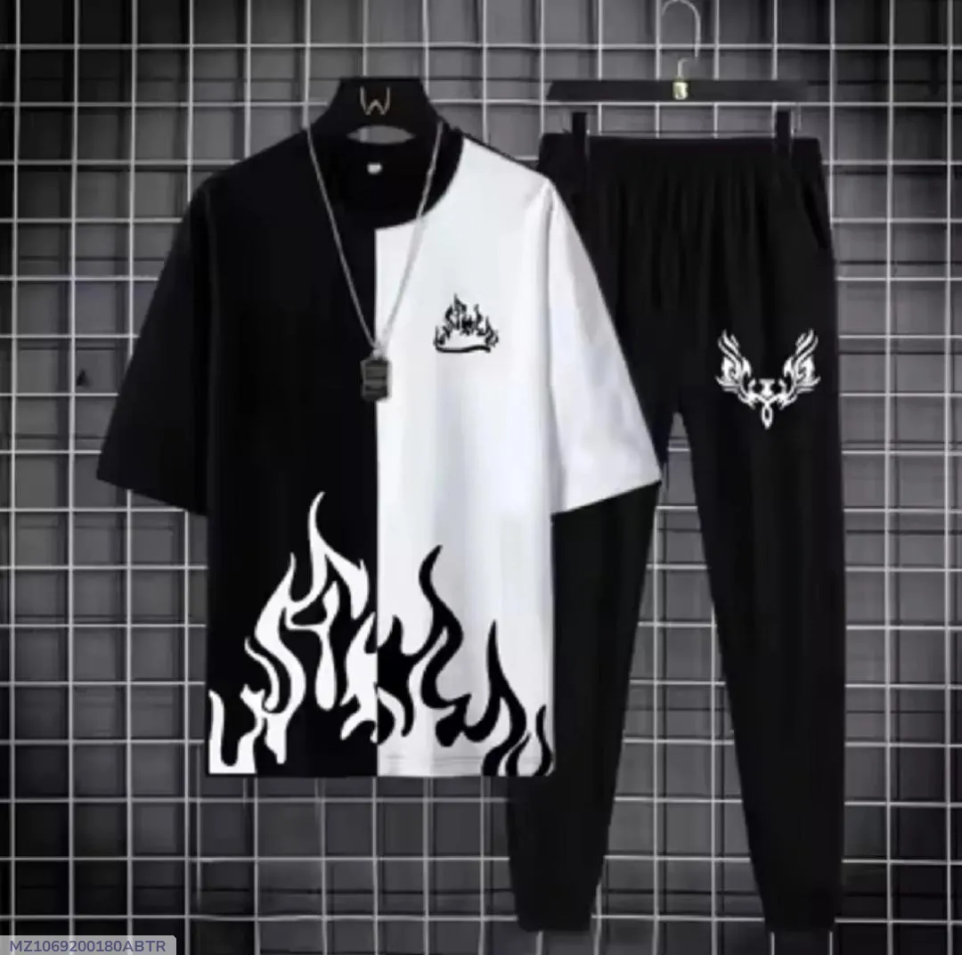 Black Flame Print Track Suit for Men Micro Interlock