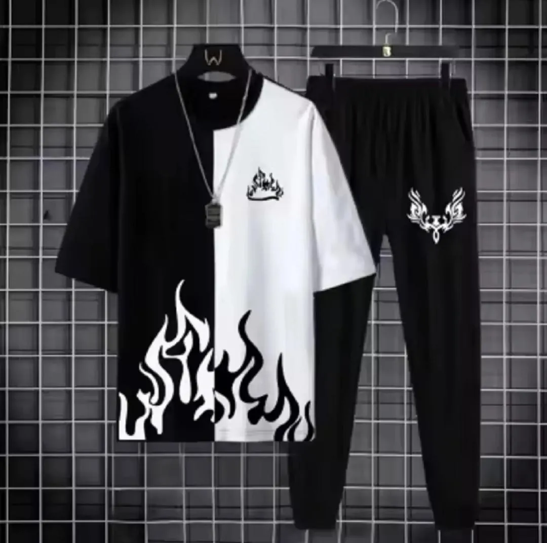 Black Flame Print Track Suit for Men Micro Interlock