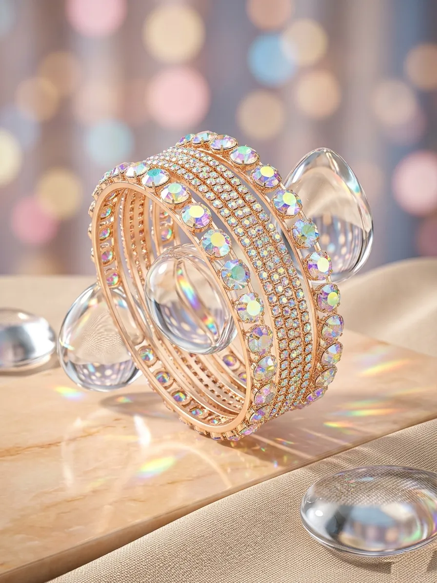 Modern Gold Plated Crystal Kara Bangle Set of 6
