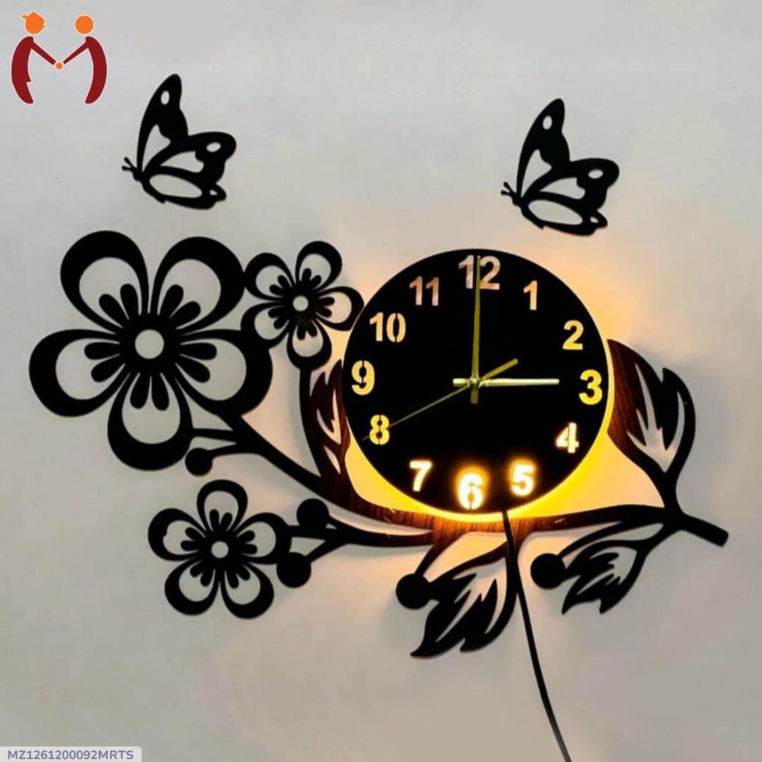 3D Flower Wooden Wall Clock With LED Light