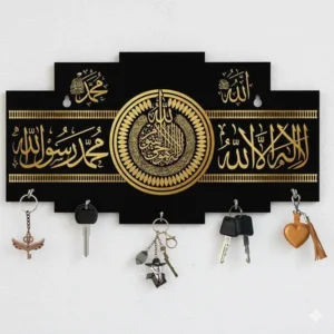 Islamic Kalma Calligraphy Key Holder Black Gold MDF Wall Mount