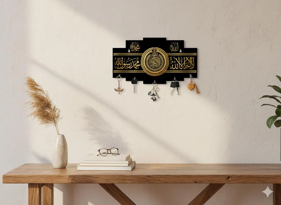 Islamic Kalma Calligraphy Key Holder Black Gold MDF Wall Mount