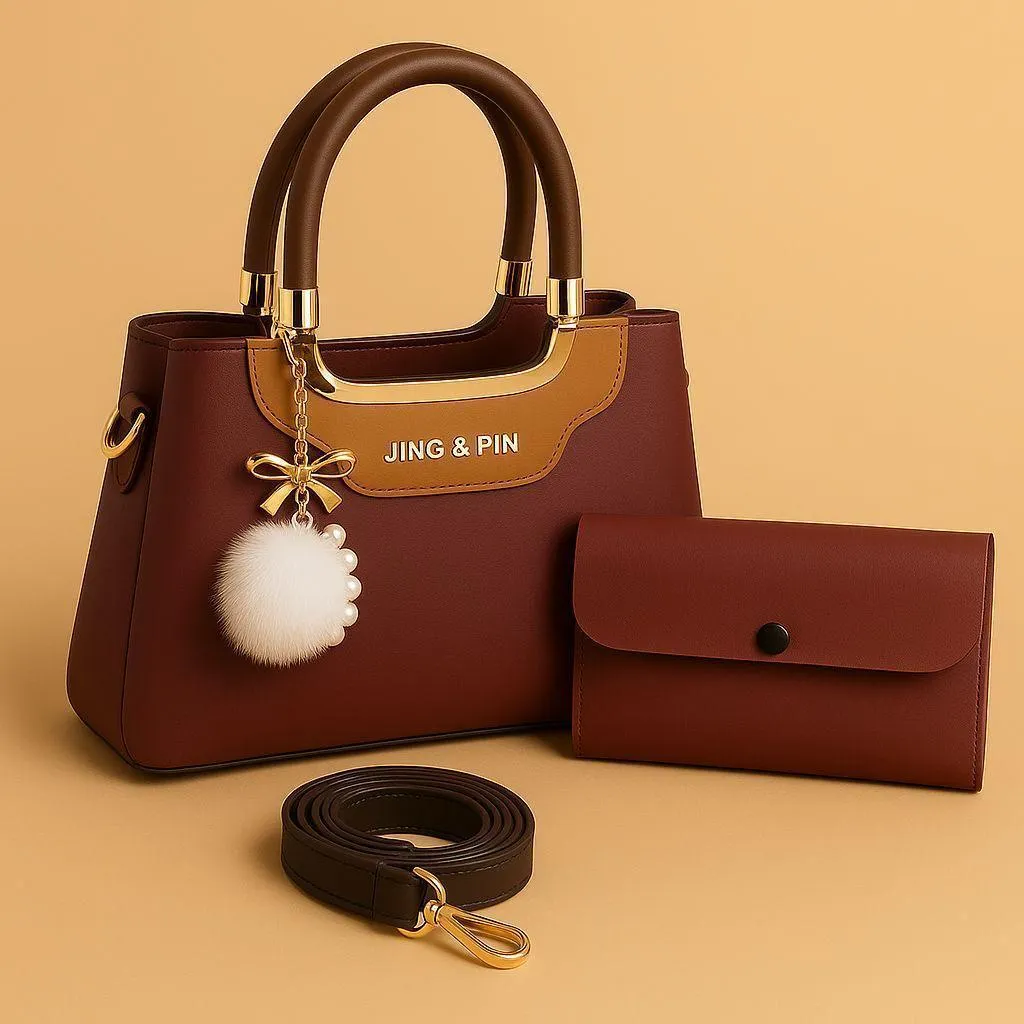 Maroon Black Handbag & Wallet Set for Women