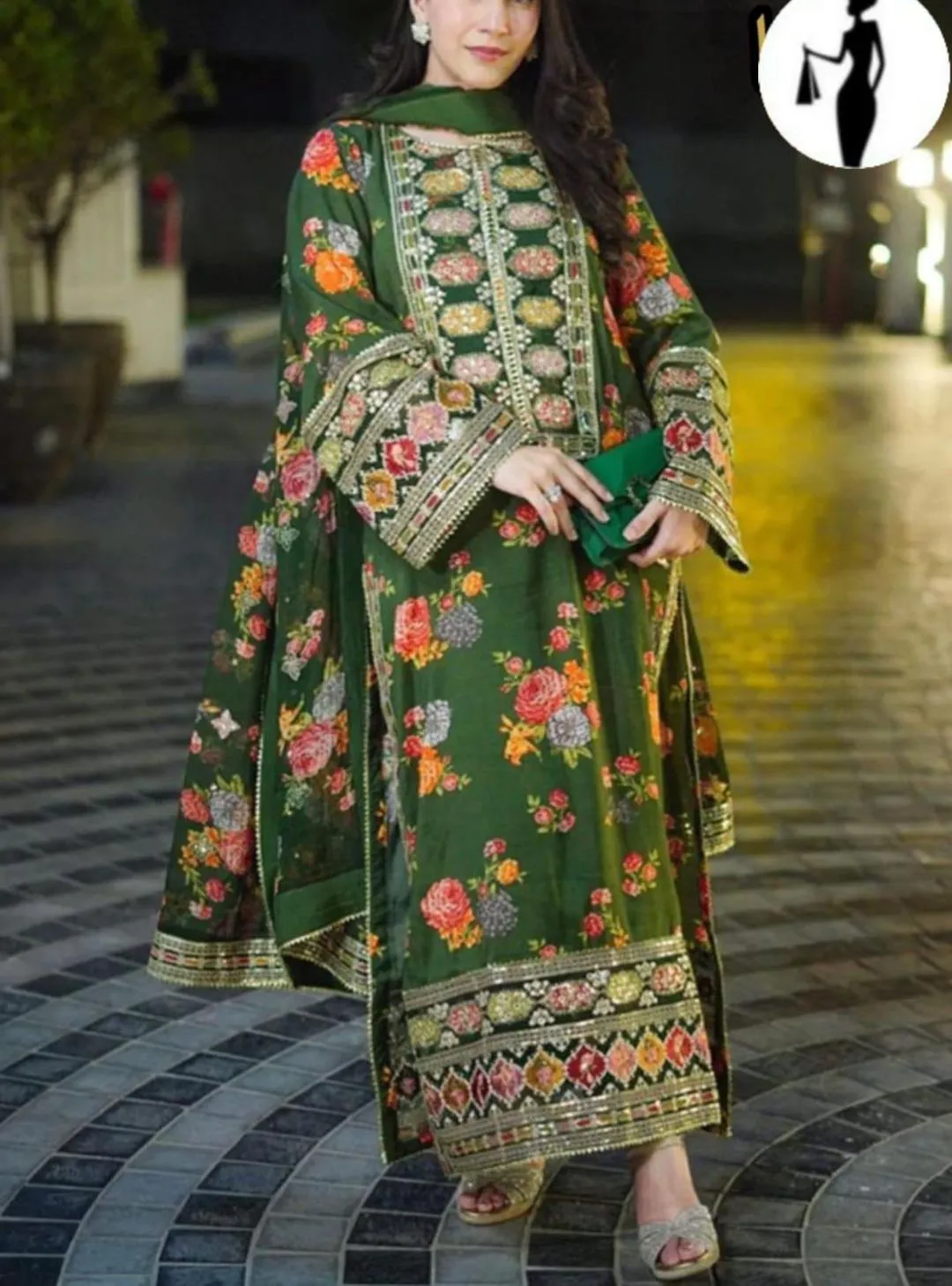 Green Floral Sequin Embroidered 3-Piece Suit for Women